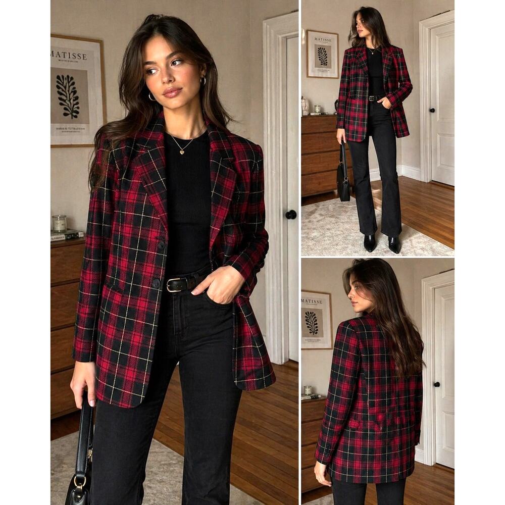 White stag Red Tartan Plaid Wool Blazer Preppy Academia Jacket Women’s 12
